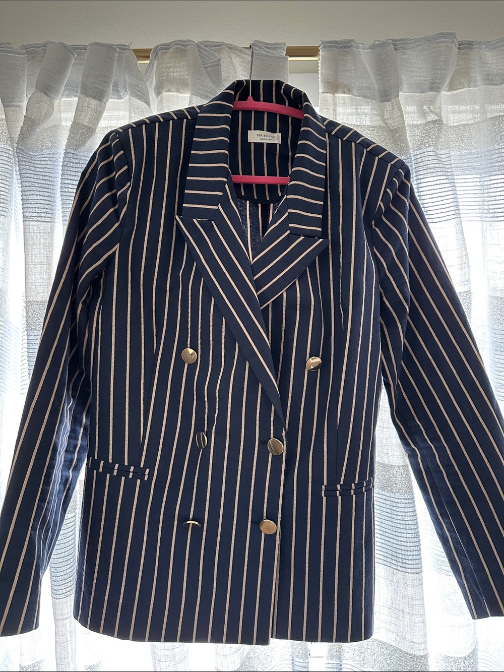 VILA Navy and Cream Pinstripe Double-Breasted Blazer made in Italy